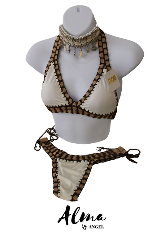 beige adjustable bikini with brown knitted edge details displayed on mannequin