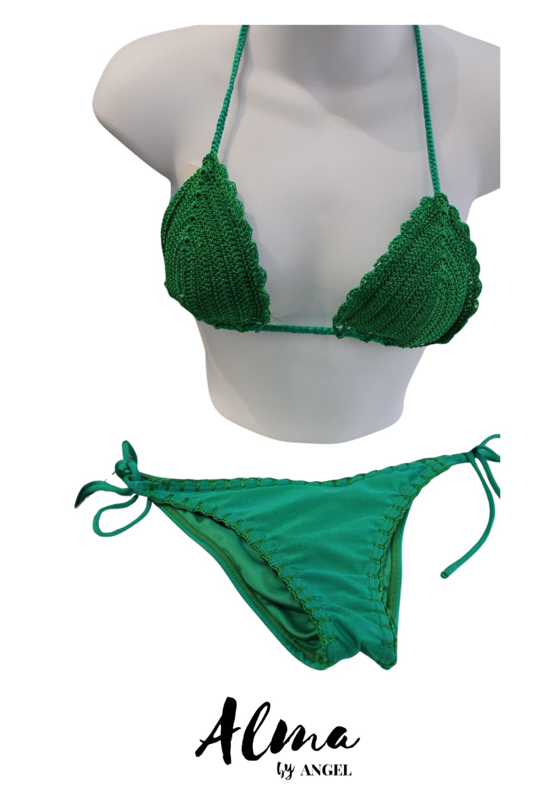 green crochet bikini displayed on mannequin, available in small, medium, large and xl sizes